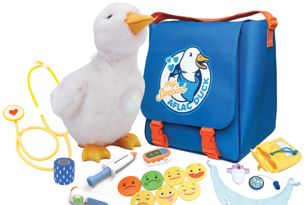 My Special Aflac Duck plush toy with a blue medical kit bag and various accessories, including a stethoscope, thermometer, syringe, bandage roll, emotion cards, and a bib.