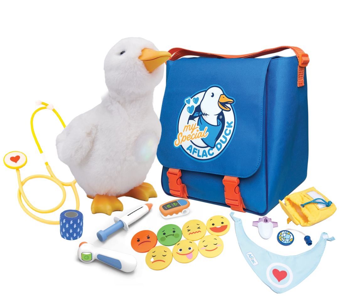 My Special Aflac Duck plush toy with a blue medical kit bag and various accessories, including a stethoscope, thermometer, syringe, bandage roll, emotion cards, and a bib.